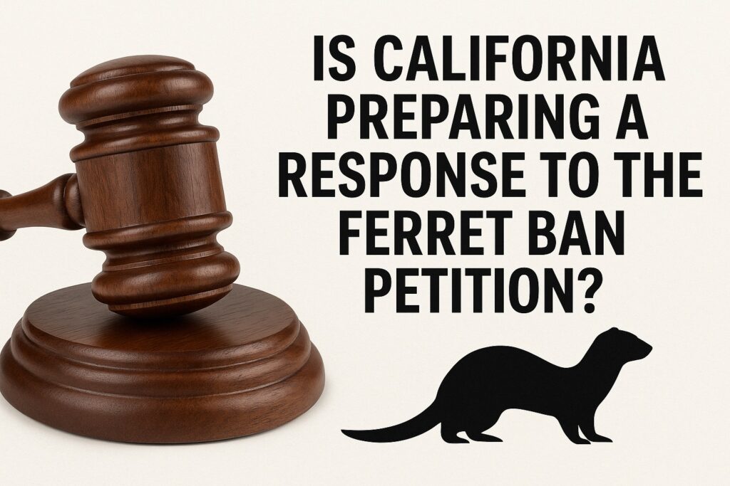 Judge’s gavel next to a silhouette of a ferret with the text “Is California Preparing a Response to the Ferret Ban Petition?