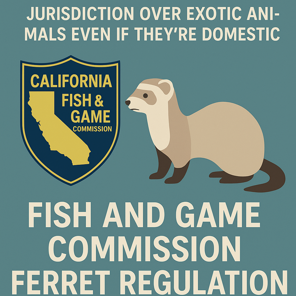 Illustration of a California Fish and Game Commission badge beside a domestic ferret, with text questioning the Commission's authority to regulate exotic animals even if they are domestic.