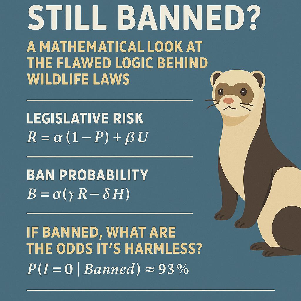 Infographic illustrating the flawed logic behind banning domestic ferrets using mathematical models for legislative risk and ban probability