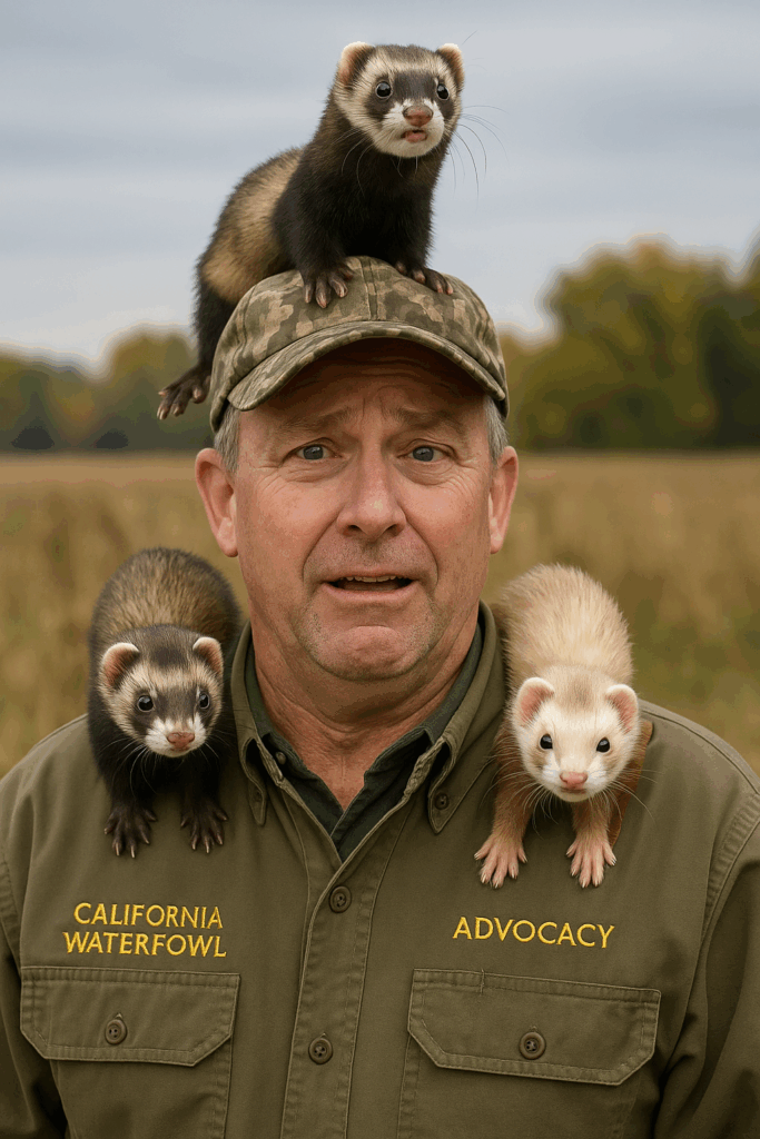 Middle-aged man in a California Waterfowl Association shirt looking surprised with three ferrets perched on his shoulders and camo cap.