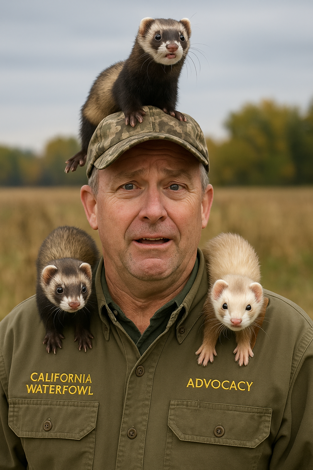 Middle-aged man in a California Waterfowl Association shirt looking surprised with three ferrets perched on his shoulders and camo cap.