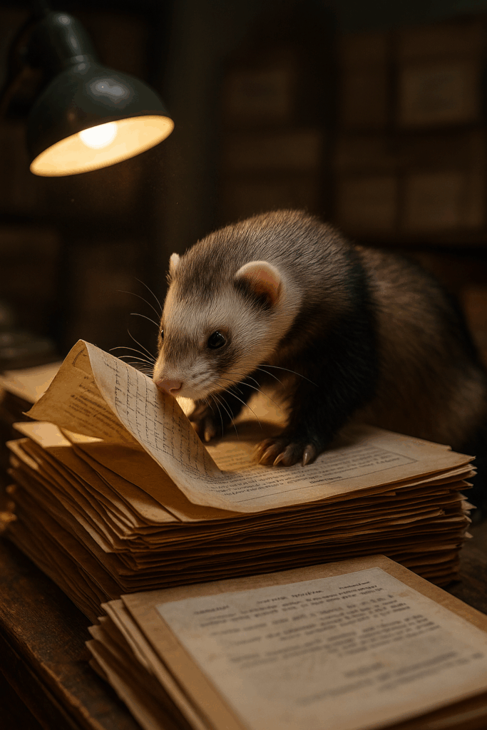 A realistic ferret examines a stack of old documents under a vintage desk lamp, lifting a yellowed page with its paws in a dim archival office filled with worn papers and file boxes.