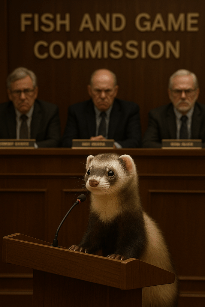 A realistic ferret stands at a wooden podium with a microphone, addressing a Fish and Game Commission panel as three stern, elderly commissioners sit behind it under a “FISH AND GAME COMMISSION” sign.