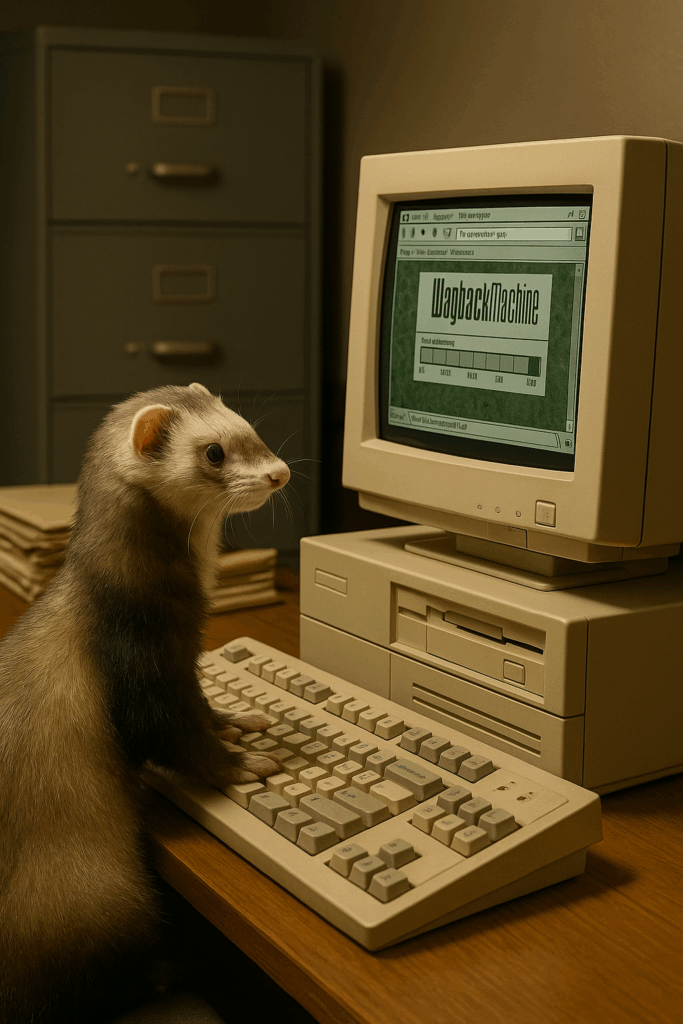 A realistic ferret sits at a wooden desk typing on an old beige computer keyboard, staring at a CRT monitor displaying a retro Wayback Machine webpage in a dim, vintage office.