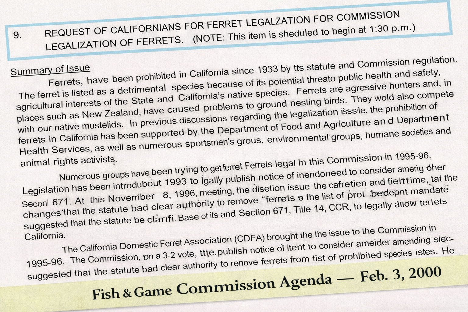 February 3, 2000 Fish and Game Commission agenda item requesting consideration of ferret legalization.