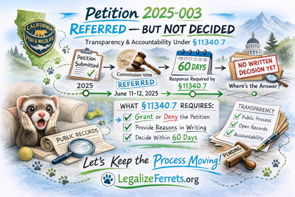 Infographic titled “Petition 2025-003 Referred — But Not Decided” showing timeline of the California Fish and Game Commission referral, 60-day requirement under Government Code §11340.7, and a shocked pet ferret in a living room setting representing the missing written decision.