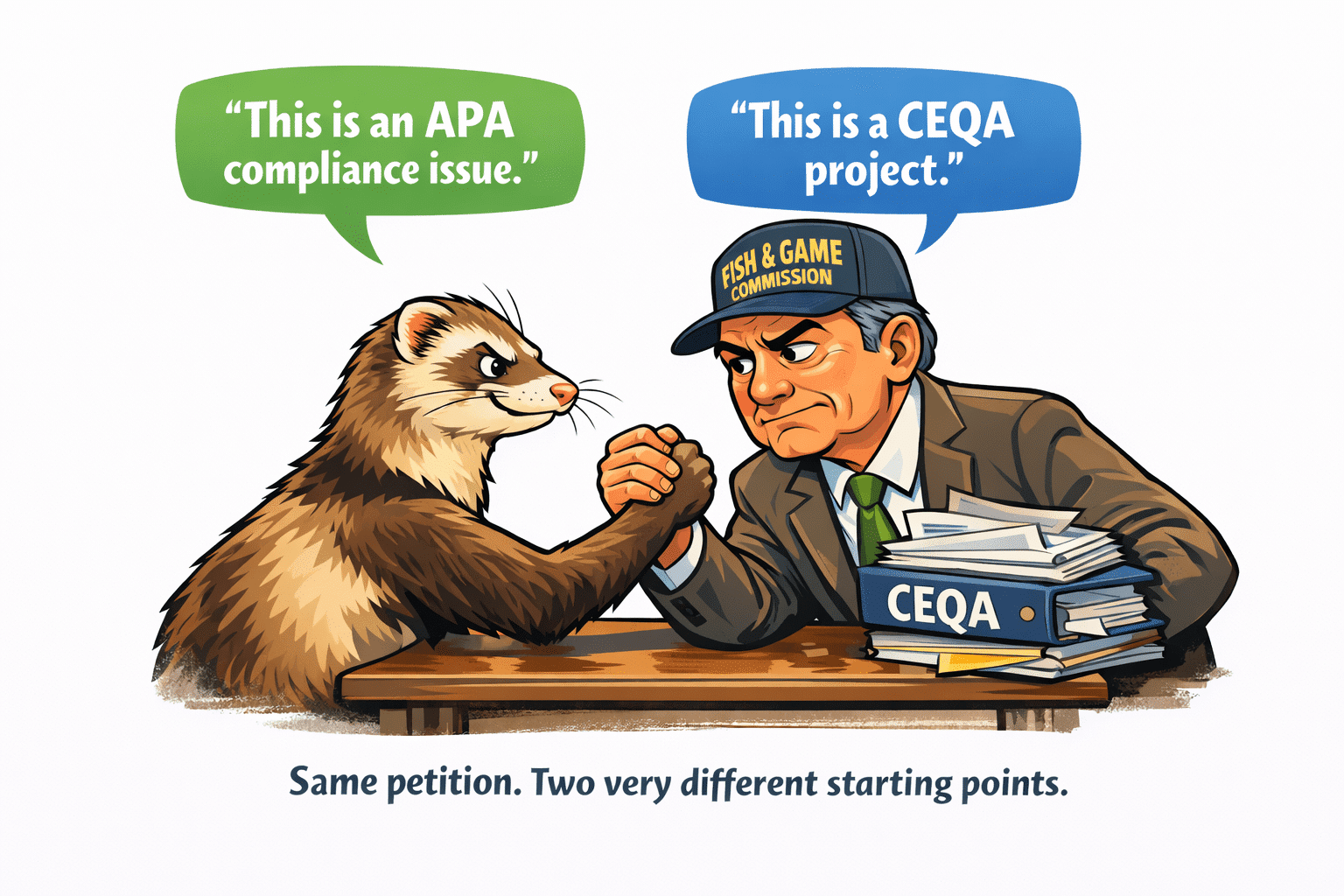 Illustration of a ferret and a Fish and Game Commission official arm-wrestling across a table, with speech bubbles reading “This is an APA compliance issue” and “This is a CEQA project,” symbolizing conflicting legal interpretations of the same petition.