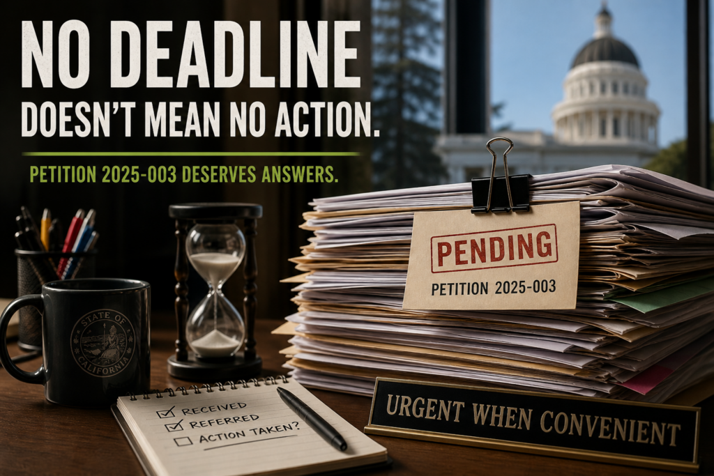 Stack of paperwork labeled ‘Pending Petition 2025-003’ on a desk with California Capitol in background, symbolizing government delay