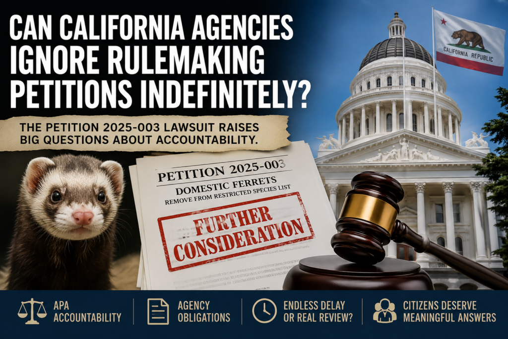 Featured image showing a ferret in front of the California State Capitol alongside legal documents marked “Petition 2025-003” and “Further Consideration,” illustrating the California ferret legalization lawsuit and questions about agency accountability under the Administrative Procedure Act.