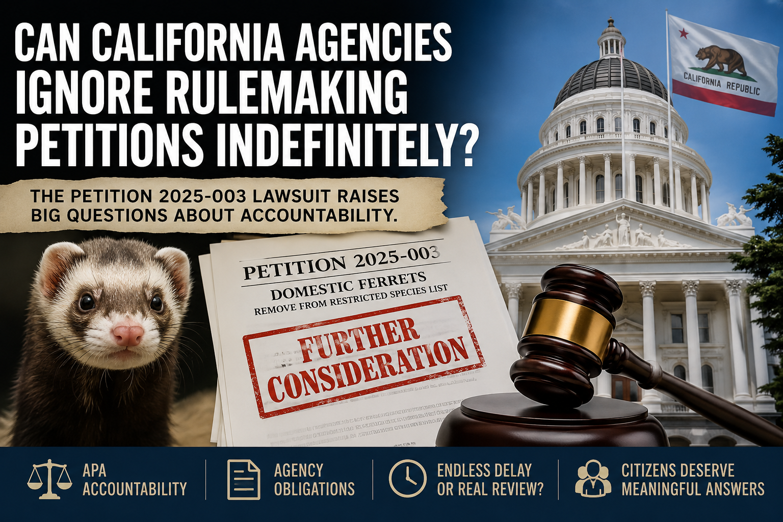 Featured image showing a ferret in front of the California State Capitol alongside legal documents marked “Petition 2025-003” and “Further Consideration,” illustrating the California ferret legalization lawsuit and questions about agency accountability under the Administrative Procedure Act.