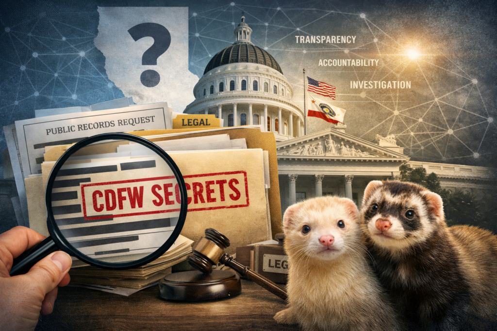 Investigative‑style featured image showing a magnifying glass over a folder labeled “CDFW Secrets,” two ferrets, and the California State Capitol in the background.
