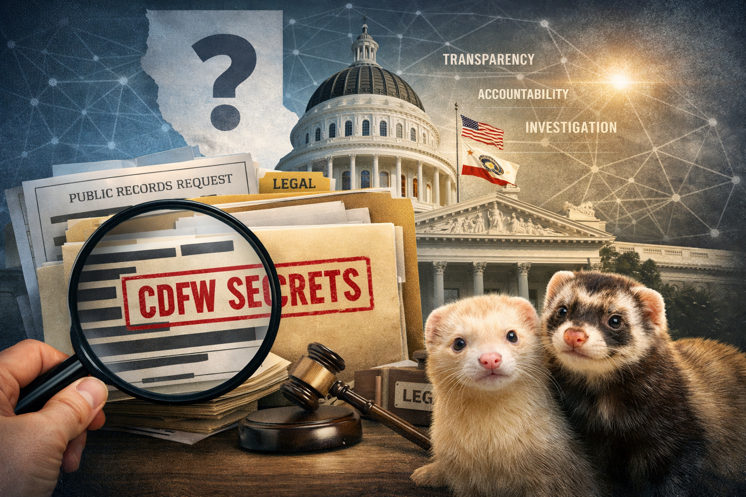 Investigative‑style featured image showing a magnifying glass over a folder labeled “CDFW Secrets,” two ferrets, and the California State Capitol in the background.