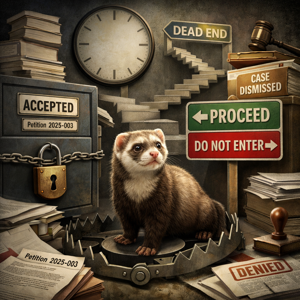 Illustration of a ferret trapped in a bureaucratic Catch-22. The ferret stands inside a bear trap surrounded by legal documents, a locked filing cabinet labeled “Accepted – Petition 2025-003,” a staircase leading to a “Dead End” sign, conflicting “Proceed” and “Do Not Enter” signs, a judge’s gavel, and a clock with no hands symbolizing a stalled government process.