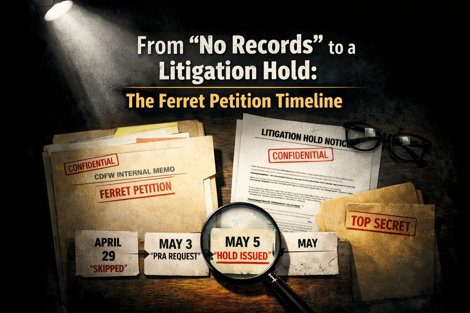Investigative‑style blog header showing confidential CDFW documents, a “Litigation Hold Notice,” and a timeline with dates April 29, May 3, and May 5 connected by arrows under a magnifying glass.