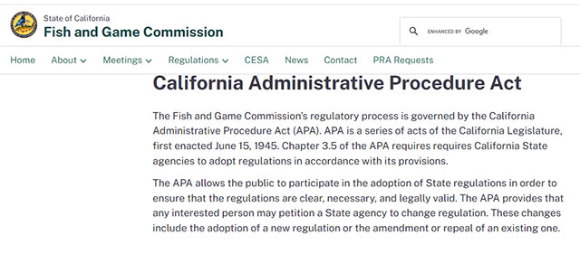 Screenshot of the California Fish and Game Commission webpage describing the California Administrative Procedure Act and stating that the public may petition state agencies to change regulations.