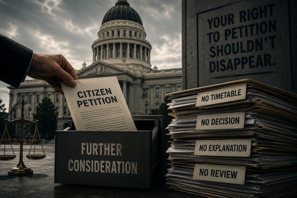 A citizen places a petition into a filing box labeled "Further Consideration" outside a government building as stacks of files labeled "No Decision," "No Timetable," "No Explanation," and "No Review" symbolize bureaucratic delay and the challenge of obtaining judicial review.