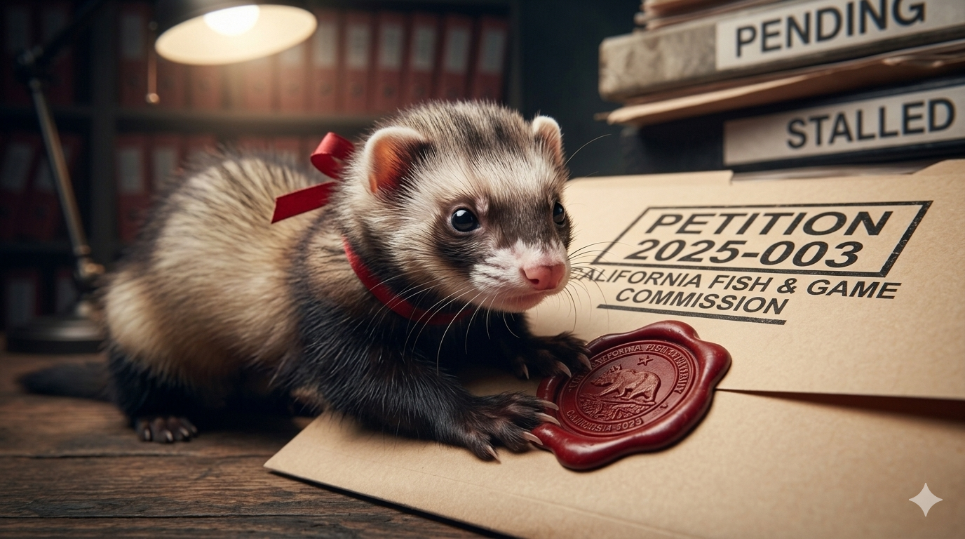 A close-up photograph of a domestic sable pet ferret with a red ribbon collar sitting on a wooden desk next to a manila legal folder stamped "Petition 2025-003 California Fish and Game Commission" in a dark legal archive.