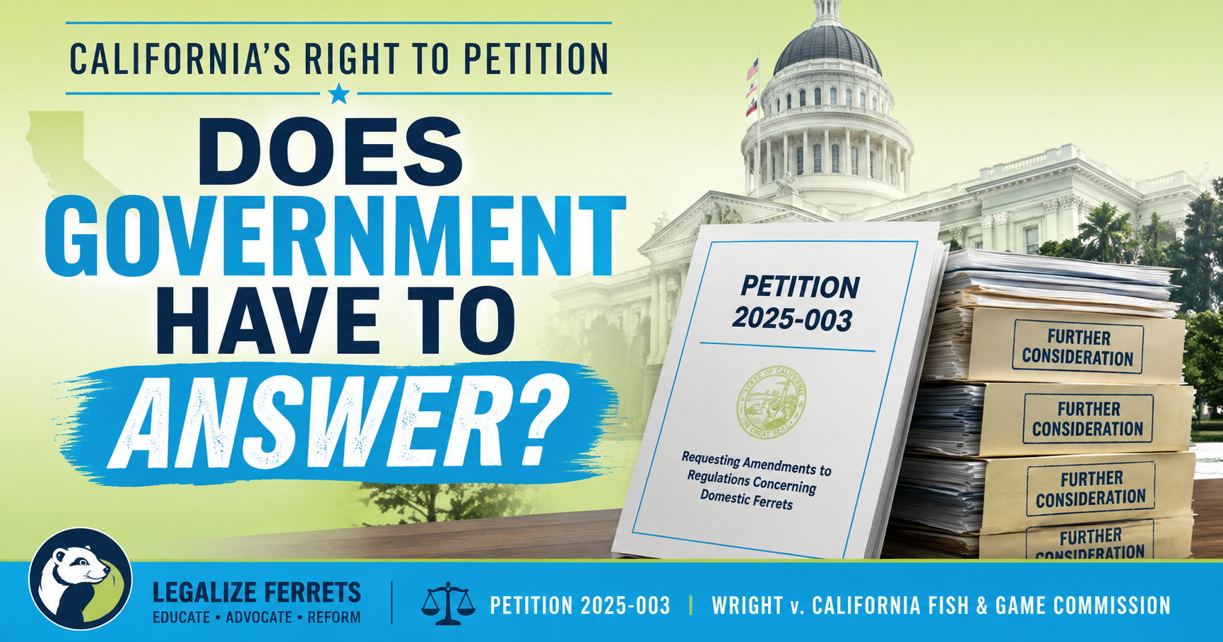 California right to petition graphic asking “Does government have to answer?” with Petition 2025-003 and the California State Capitol