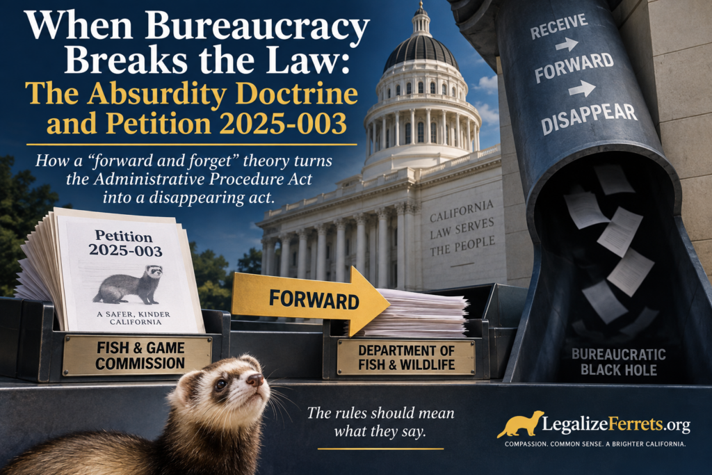 Editorial illustration showing Petition 2025-003 being forwarded from the California Fish and Game Commission to the Department of Fish and Wildlife and disappearing into a “bureaucratic black hole,” with a ferret and the California Capitol.